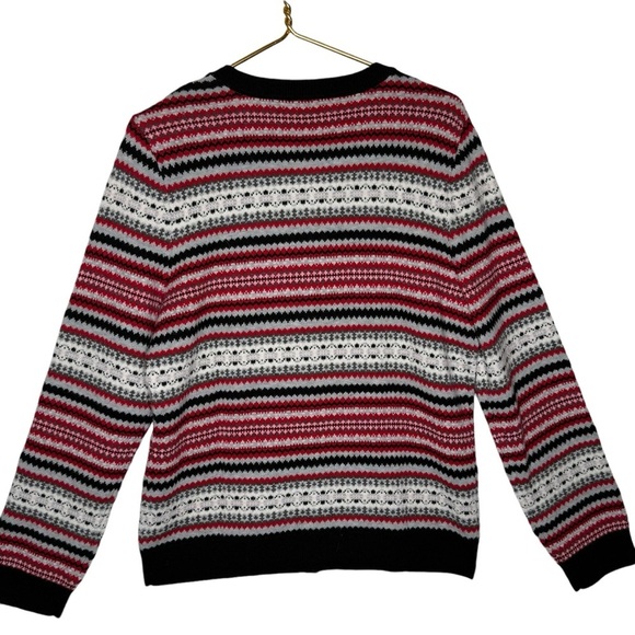 Talbots Fair Isle Cardigan Sweater Wool Blend Large Red White Black Gray Stripe - Picture 3 of 10